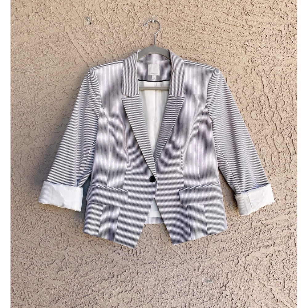 HALOGEN Blue & White Striped Pinstripe Stretch Cotton Suit Jacket Blazer - Picture 10 of 10